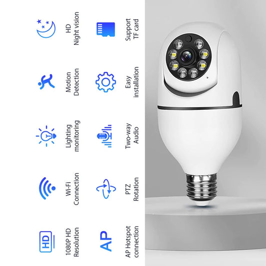 White Smart Home WiFi E27 Bulb with HD surveillance camera, night vision, two-way audio, and motion detection for security.