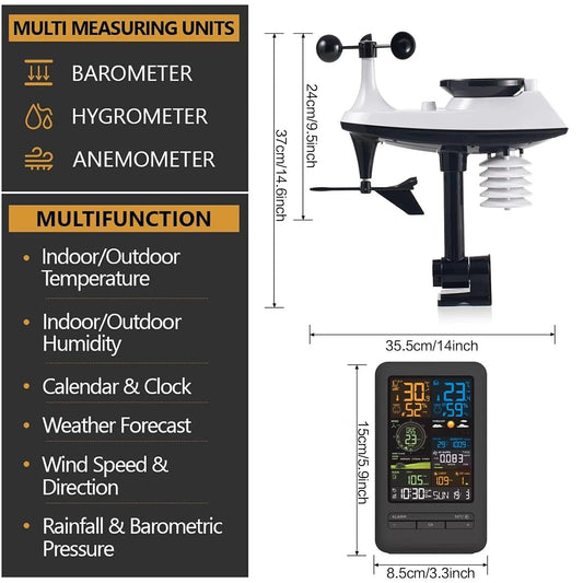 BackupMyFilesNow white smart home weather station monitor displaying temperature, humidity, wind speed, rainfall, and UV sensor with app control