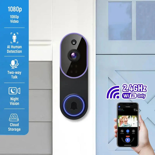 Wireless video doorbell camera from BackupMyFilesNow.com with AI detection, night vision, cloud storage, battery-powered for indoor outdoor use.