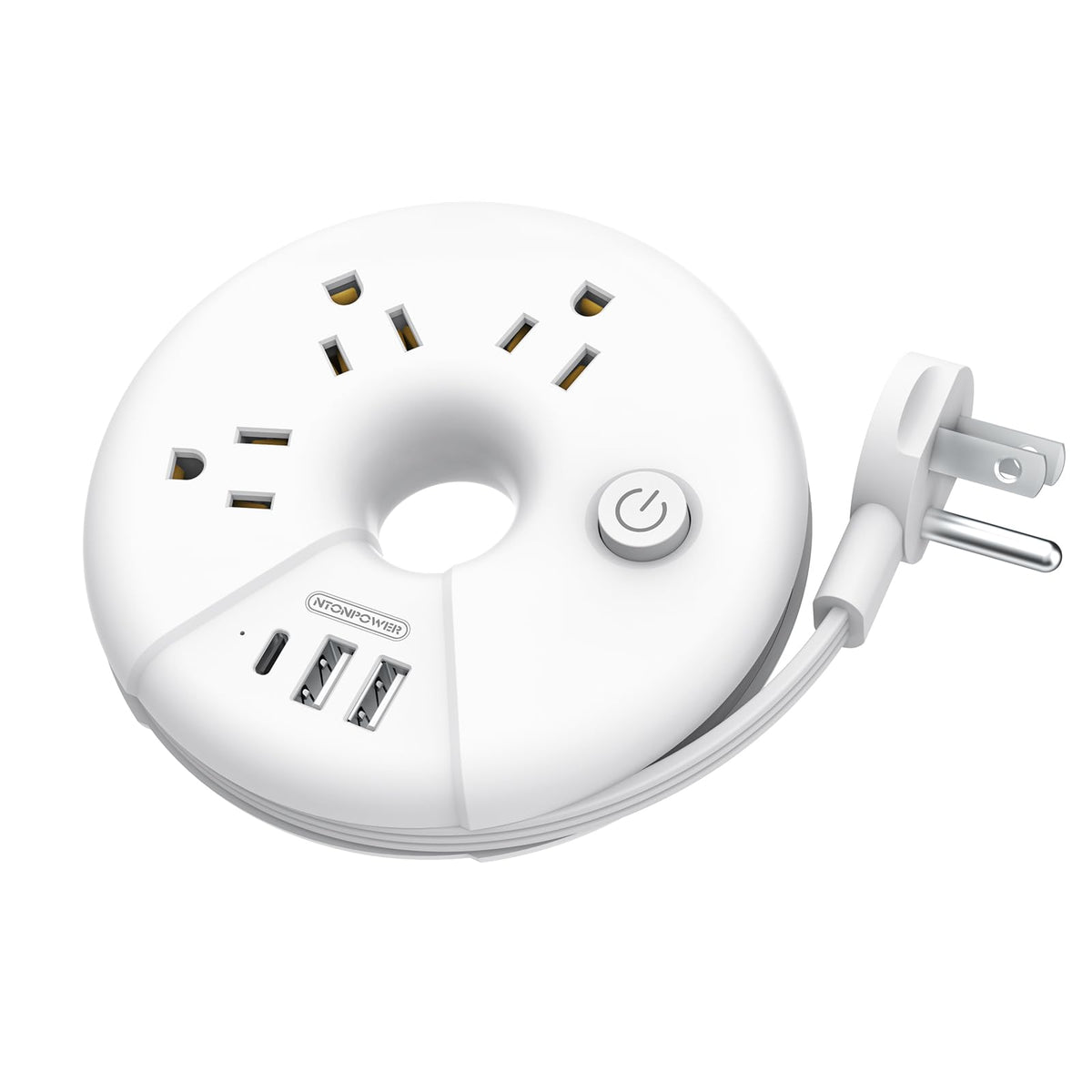 White travel power strip with 3 outlets and 3 USB ports, portable desktop charging station with 3ft extension cord for office or travel.