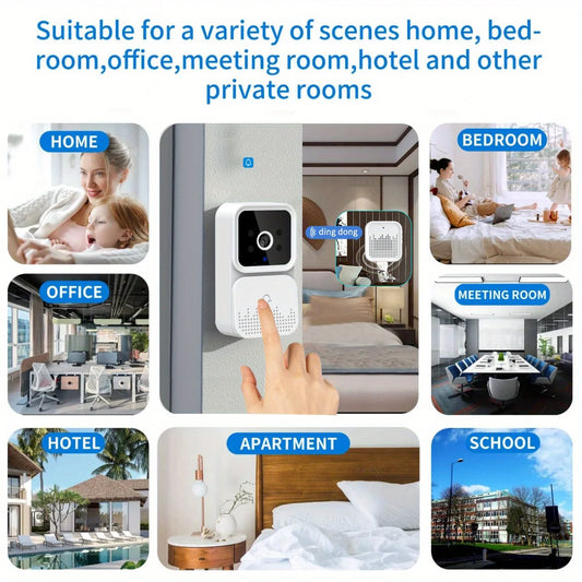 Wireless smart video doorbell with 2.4G WiFi, night vision, 2-channel audio, SD card and cloud storage for home security.