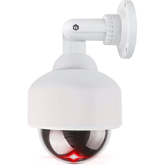 White WALI dummy security dome camera with flashing red LED light, security alert sticker, suitable for indoor and outdoor use.