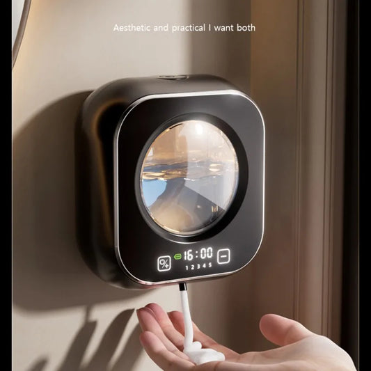 White wall-mounted automatic soap dispenser with large capacity, non-contact sensor, LED lights, suitable for kitchen use.