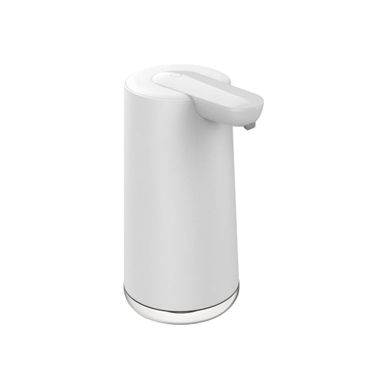 White plastic touchless automatic hand sanitizer and foam soap dispenser, ideal for kitchen use, by BackupMyFilesNow.com.