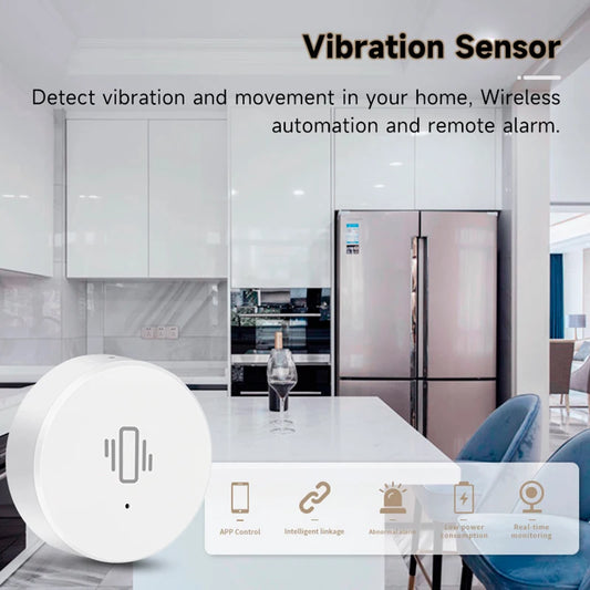 White Zigbee Smart Vibration Sensor for security system, detects shocks, with app remote control and real-time glass break alarm.