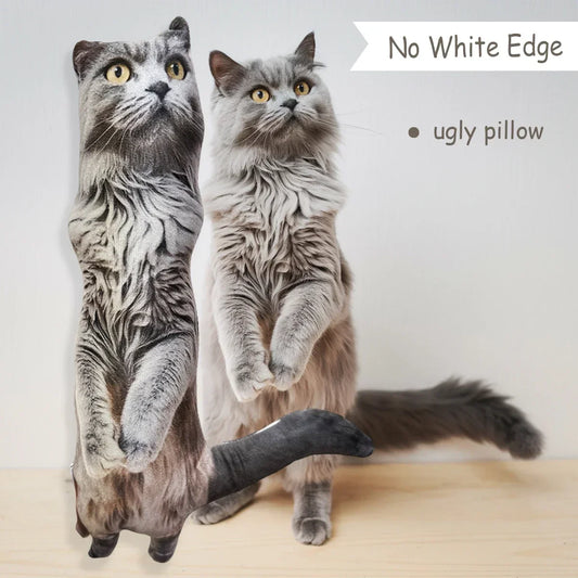 Custom 3D pet pillow of an ugly cat and dog, personalized memorial plush toy with white edge, soft stuffed toy for pet loss remembrance