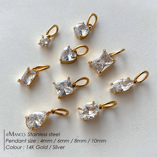 Silver stainless steel zircon geometric shape charms for jewelry making, available in 4, 6, 8, and 10mm sizes.
