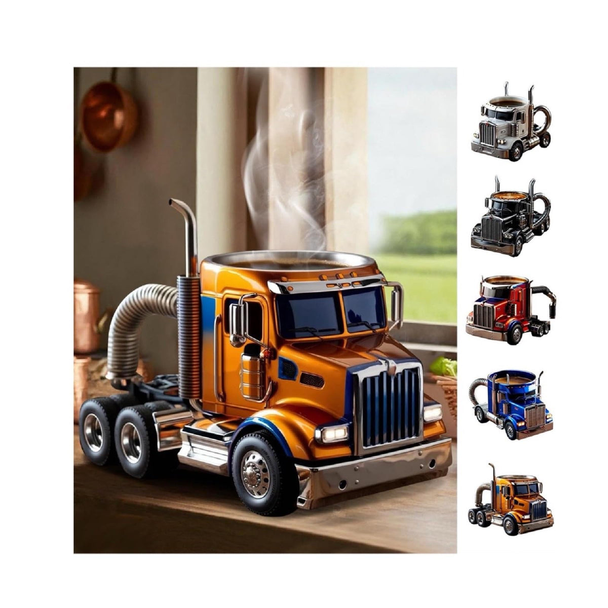 Yellow semi truck-shaped stainless steel coffee mug, creative trucker coffee cup, perfect for coffee-loving truck drivers.