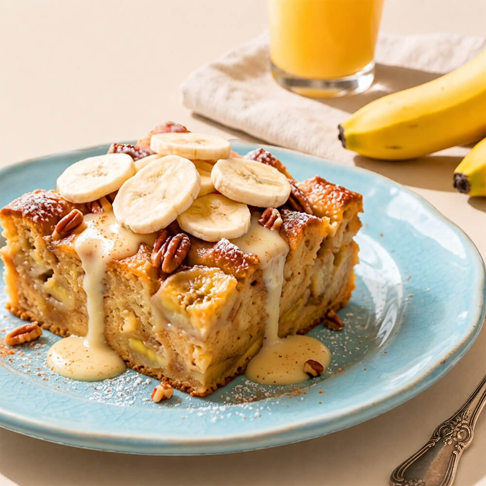 Freeze-dried banana slices from VFD.US, ideal for banana bread pudding, showcasing vibrant, crispy banana chips.