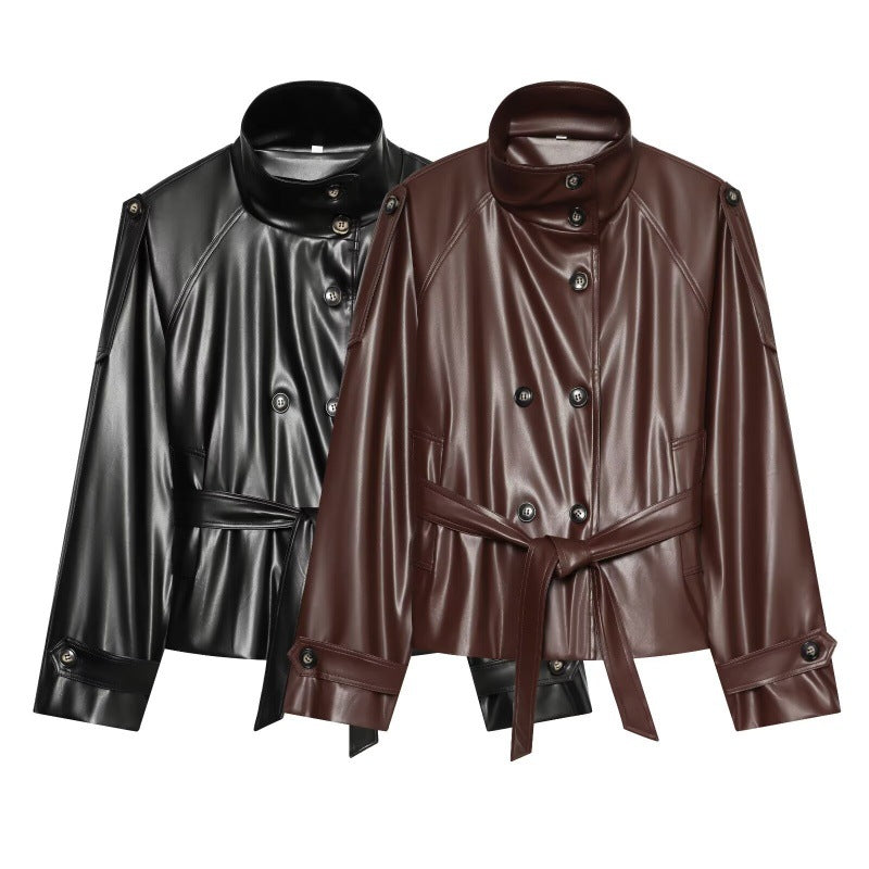Women's autumn/winter double-breasted leather jacket in a classic design