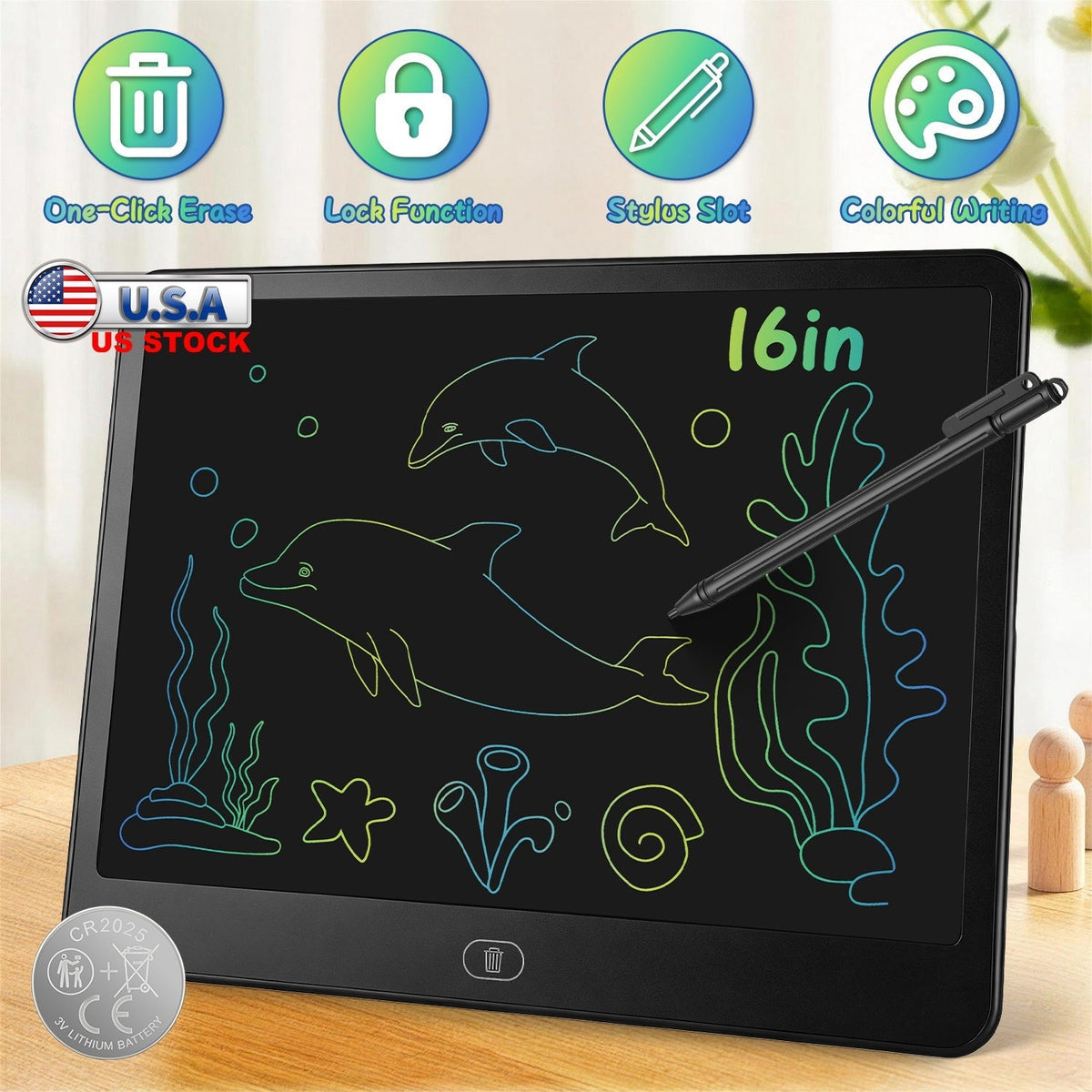 GBruno Store LCD writing tablet for kids with stylus and lock function, showing a colorful digital drawing on the screen.