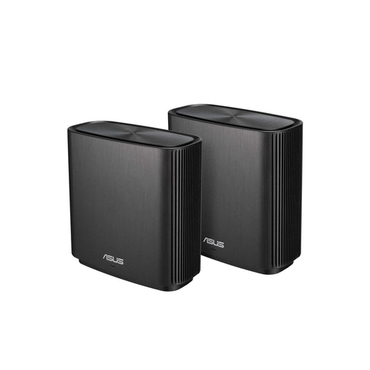 ASUS ZenWiFi AC tri-band mesh system in charcoal, two-pack with gigabit ports, covering up to 5400 sq.ft., featuring WiFi 6 and parental controls