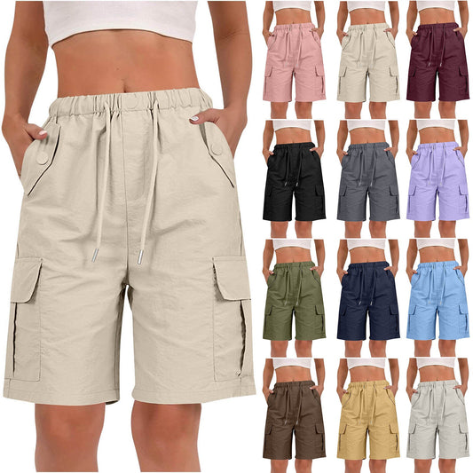 Women's high-waisted casual fashion shorts with pockets, buttons, and drawstring waist, front view