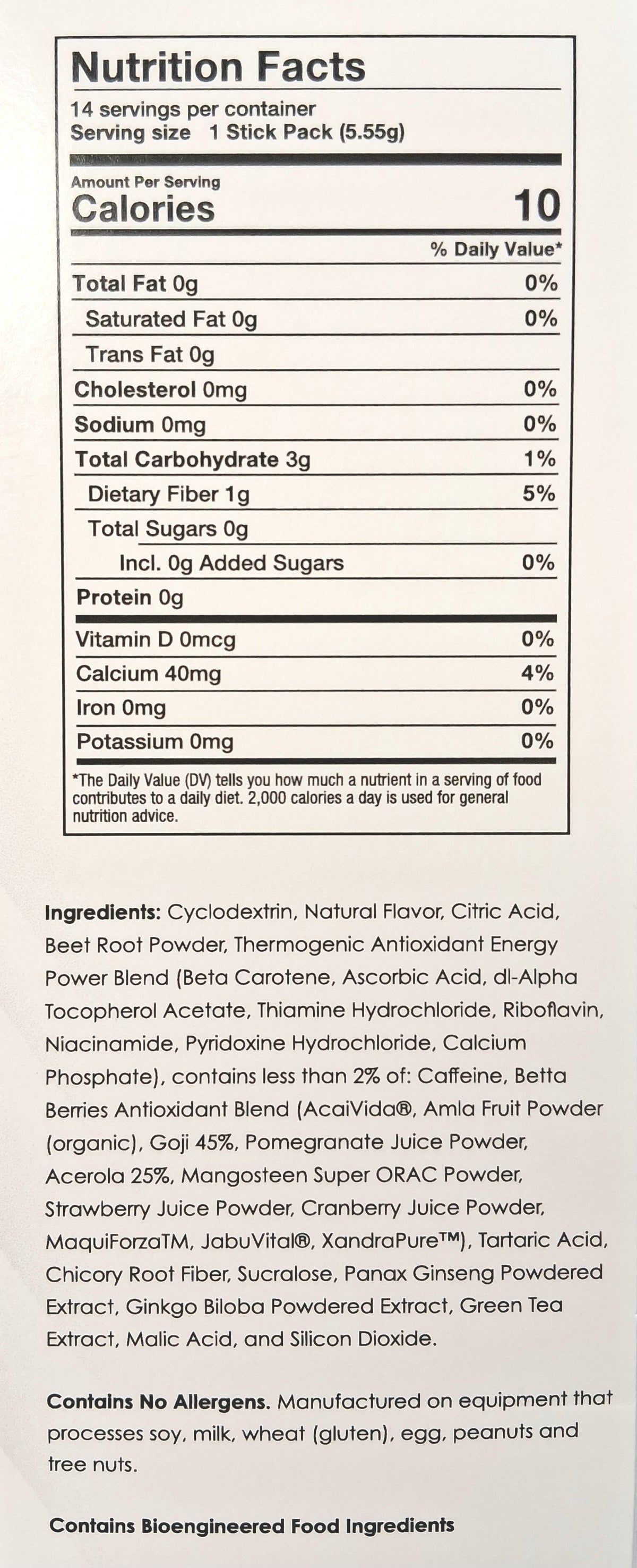 AmBari Nutrition Thermogenic Meta Booster drink in Berry flavor, with ingredients and nutritional facts displayed.