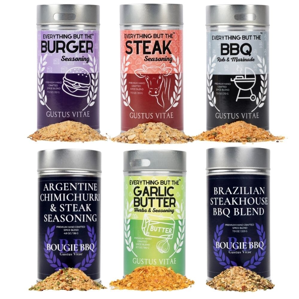 Set of 6 XL Gustus Vitae steak and beef seasoning tins in a collection gift set, featuring various flavorful spice blends.