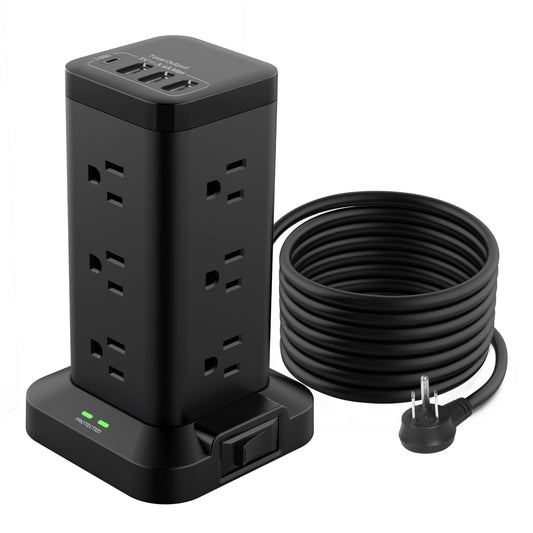 BEVA Power Strip Tower with 12 AC outlets, 4 USB ports, 6.5 FT extension cord, black surge protector for office and desk use.