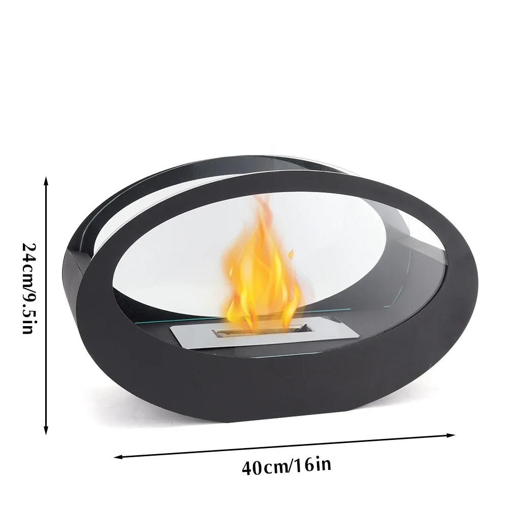 Black metal tabletop fireplace by JHY DESIGN featuring gel and ethanol fires, 16x9.5 inches, suitable for indoor use.