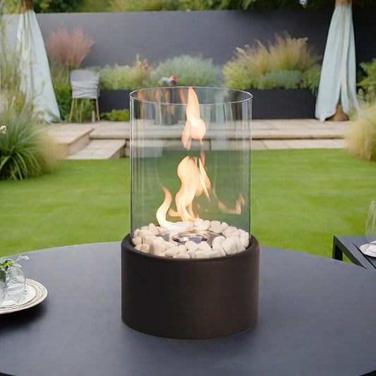 Black 10.5-inch portable tabletop gel and ethanol fireplace by JHY DESIGN with a round shape and modern design.