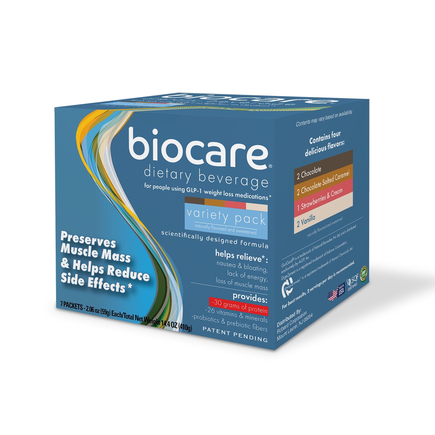 Biocare 30G Protein Beverage Variety Pack with seven different flavored protein shakes in a display box.