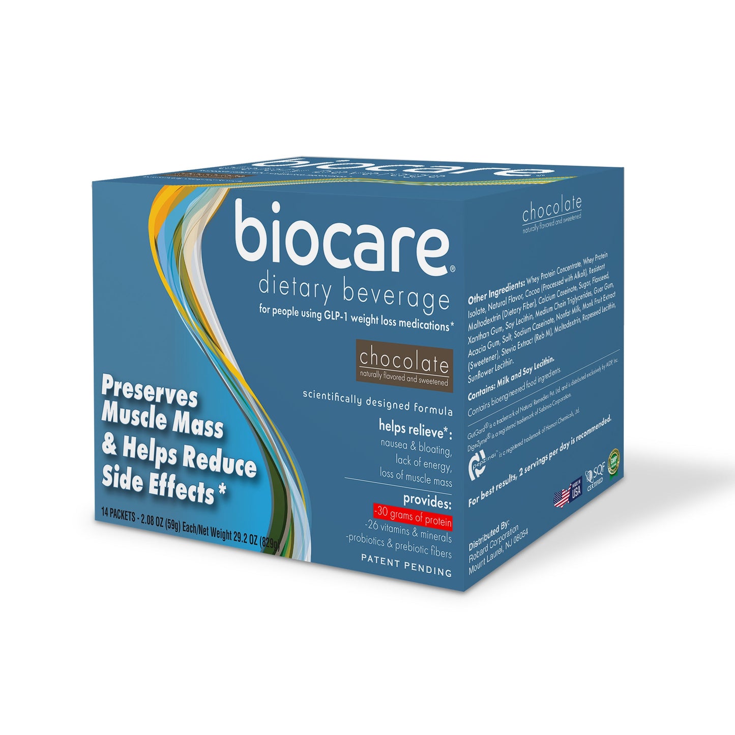 Biocare 30g chocolate protein dietary beverage container with 14 servings, showing the product label and packaging.