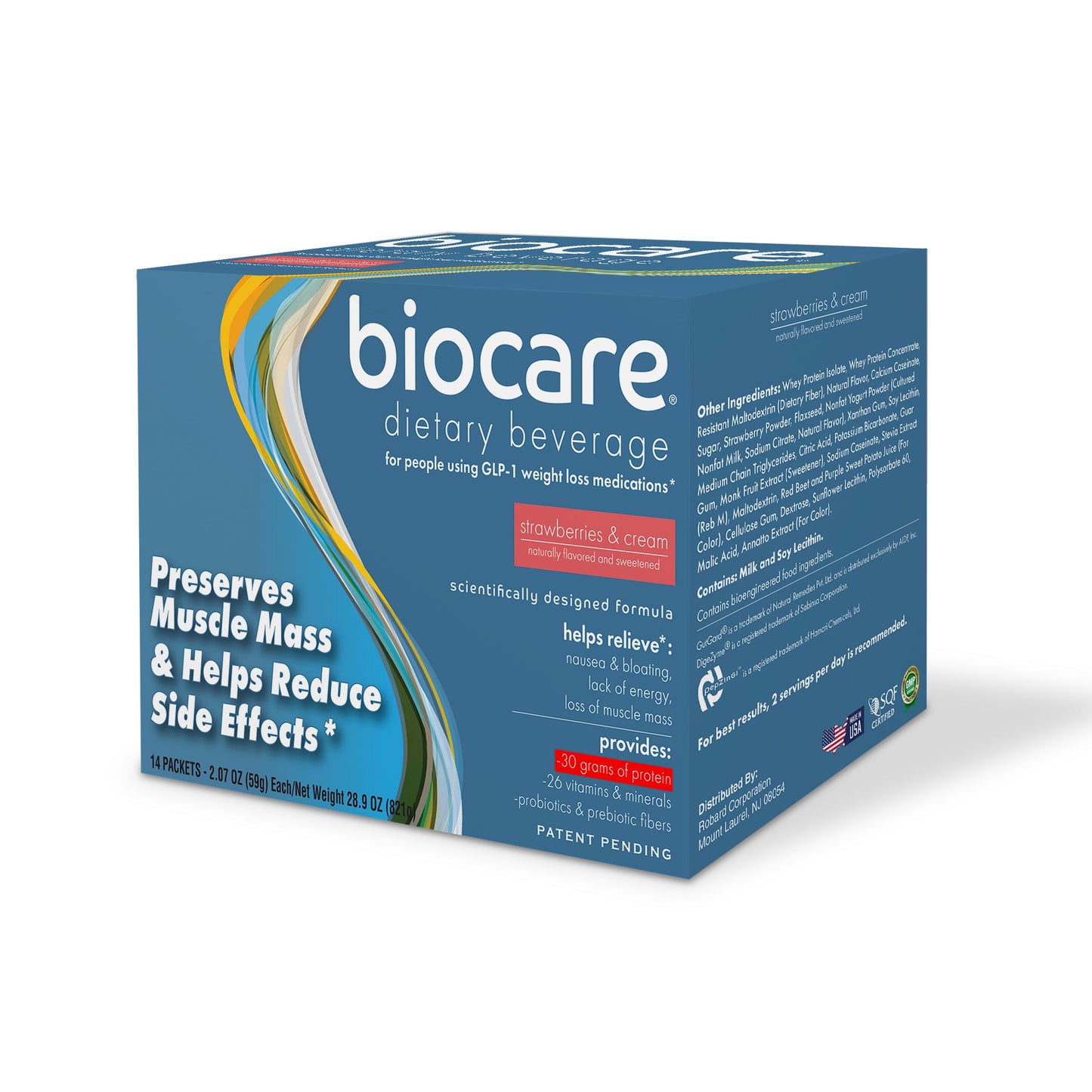 Biocare 30g strawberries and cream protein dietary beverage display box with 14 servings, showing colorful packaging and product details.