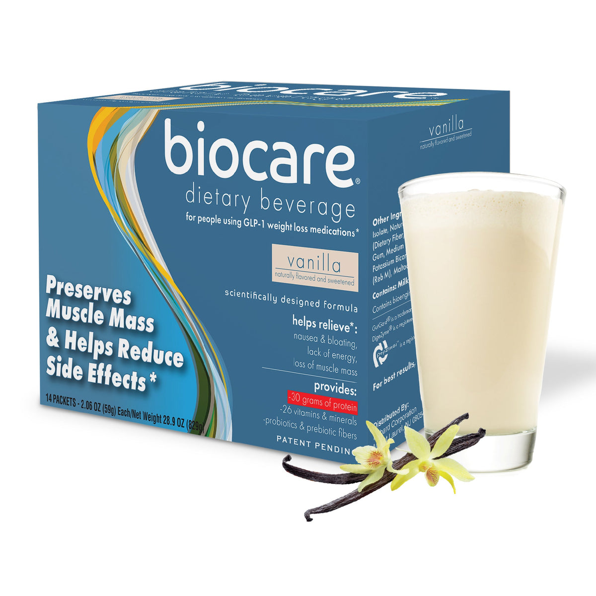 Glass of vanilla-flavored Biocare 30g protein dietary beverage with 14 servings in a box, showcasing the product packaging.