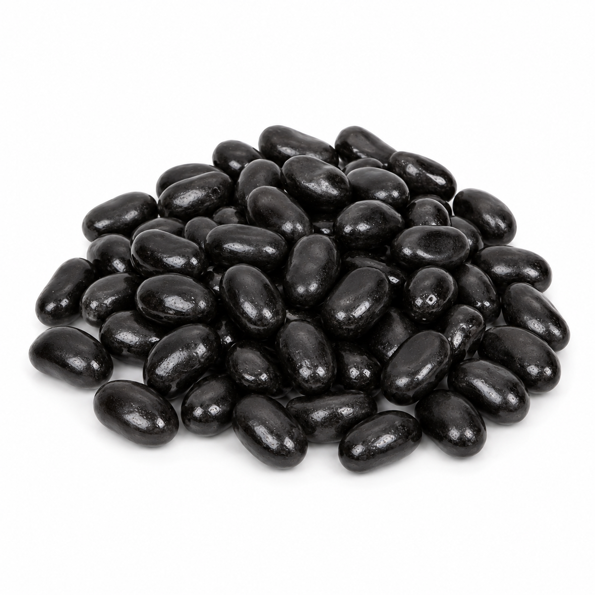 Black jelly beans in a bulk Candy In Bulk bag, berry flavored candy with shiny, smooth surface and colorful packaging.