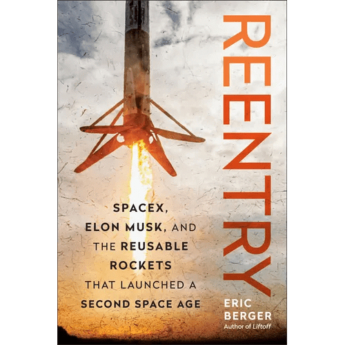 Hardcover book titled "Reentry" about SpaceX, Elon Musk, and reusable rockets, published by Books by splitShops.