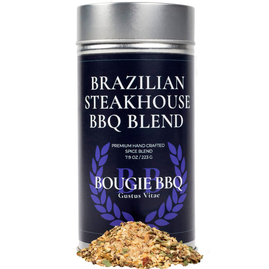 Gustus Vitae Brazilian Steakhouse BBQ Blend Bougie BBQ seasoning jar with a label and spice blend visible.