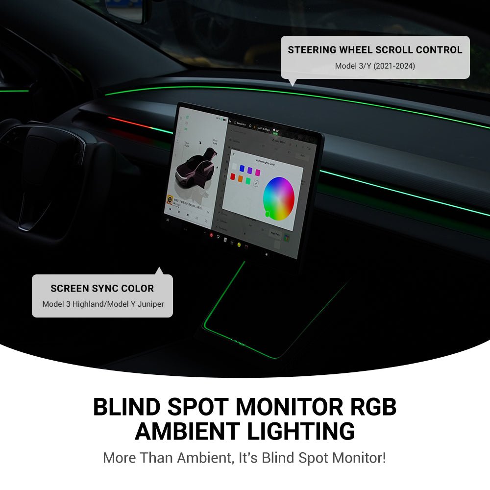 Tesla Model 3/Y dashboard RGB ambient lighting with integrated BSD system and OEM screen control by TESERY NeuroLight.