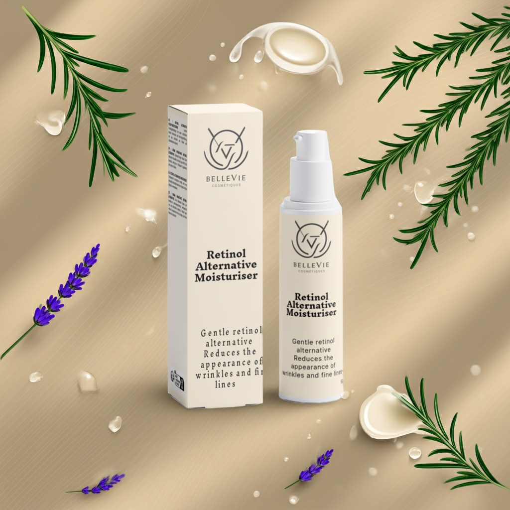 Cream jar labeled Retinol Alternative Moisturiser by BelleVie Cosmétiques, showing smooth, hydrating texture for natural renewal.