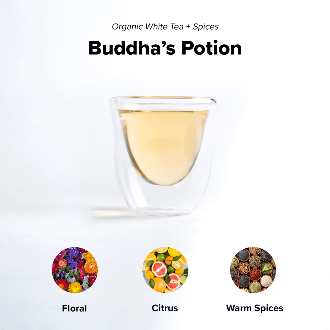 Organic Buddha's Potion blend by Nepal Tea, featuring a serene Buddha figure surrounded by herbal ingredients in a tea package.