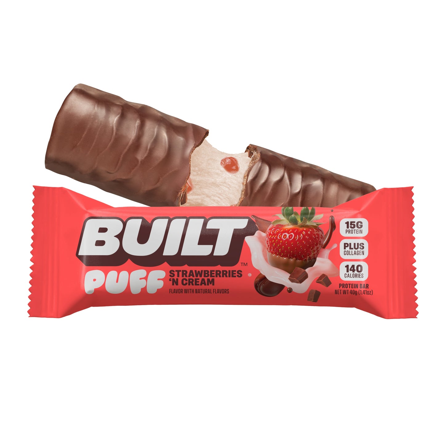Built Strawberries 'N Cream Puff bar with creamy filling and strawberry flavor, shown stacked with wrapper in the image.