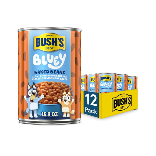 Cans of Bush's Best Original Baked Beans, 16 oz, with plant-based protein, fiber, low fat, gluten-free, pack of 12.