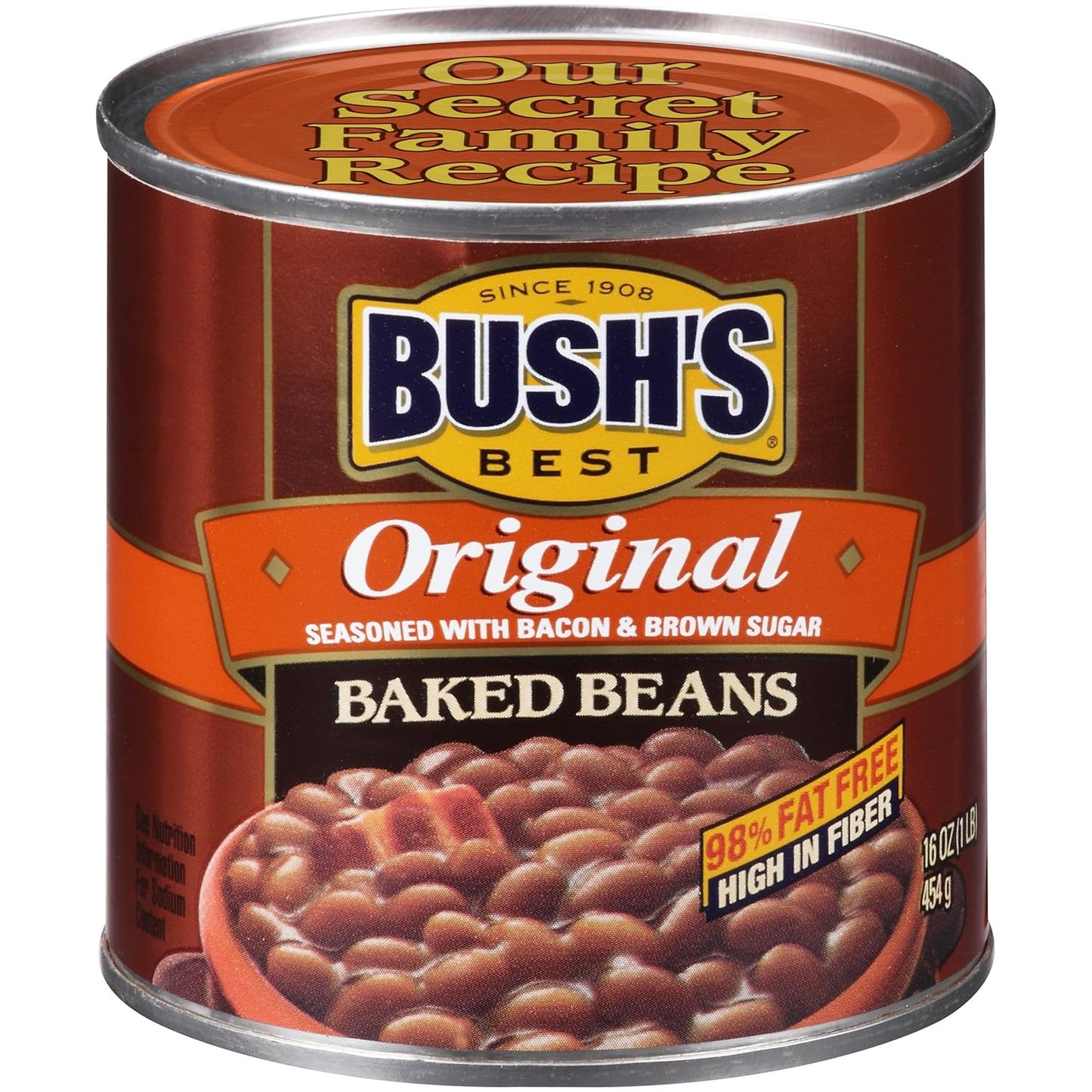 Canned Bush's Best original baked beans in 16 oz cans, source of plant-based protein and fiber, gluten-free, low-fat, pack of 12.