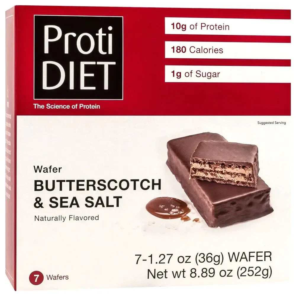 AmBari Nutrition PROTIDIET wafer bar with butterscotch flavor, showing a crisp wafer with creamy butterscotch coating.
