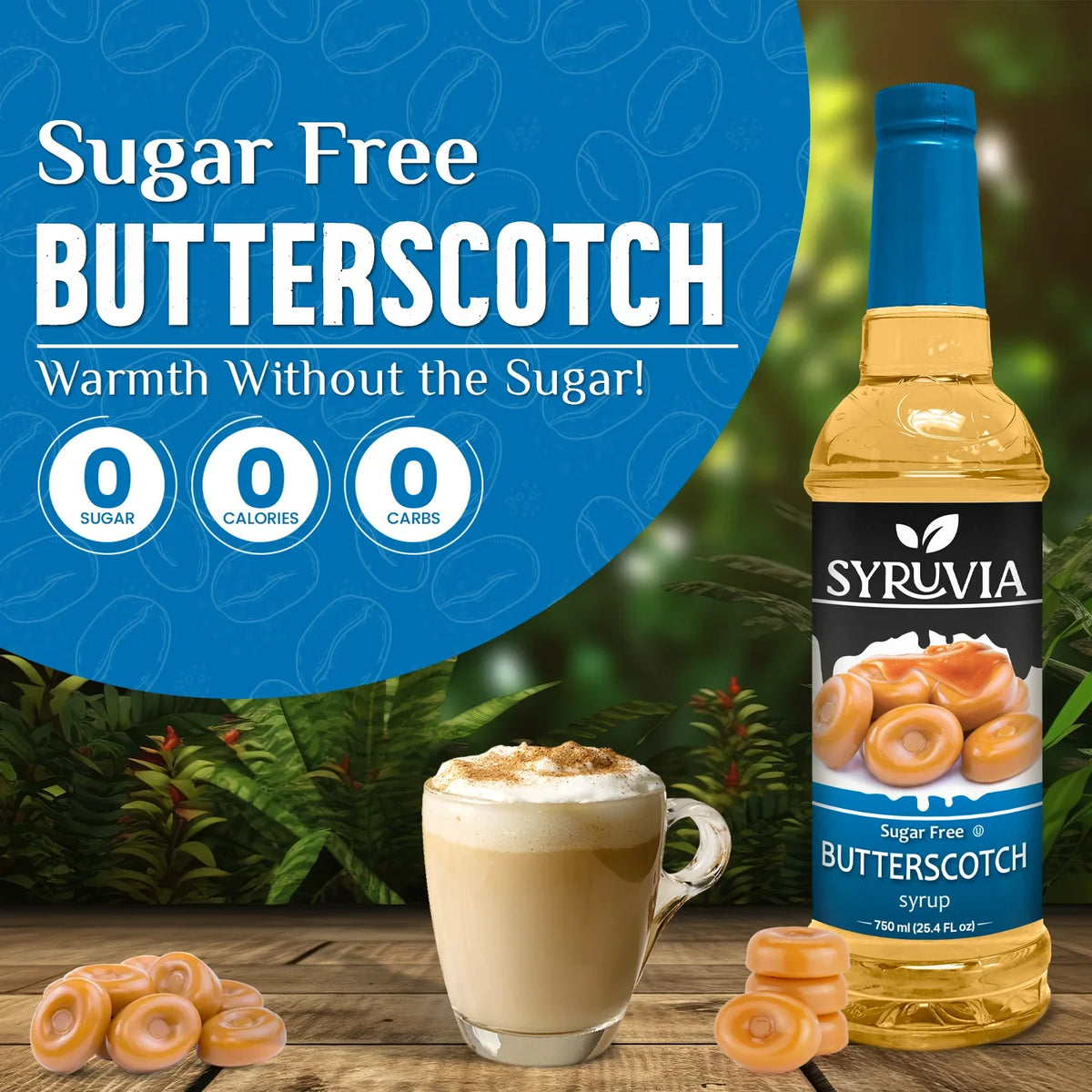 Sugar-free butterscotch syrup in a clear bottle with a caramel-colored liquid, suitable for coffee and desserts.