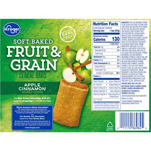 ByBies Kroger Fruit & Grain Apple & Cinnamon Cereal Bars pack of 8, breakfast cereal bars with apple and cinnamon flavor.