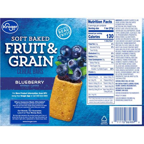 ByBies Kroger Fruit & Grain Blueberry Breakfast Bars package showing 8 bars in a breakfast cereal box.