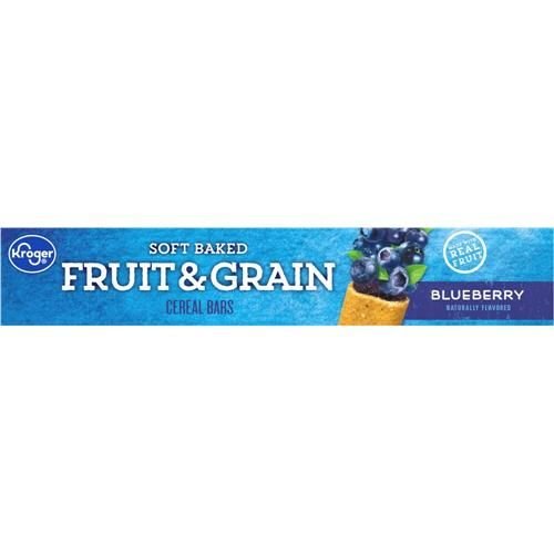 ByBies Kroger Fruit & Grain Blueberry Breakfast Bars package showing 8 cereal bars with blueberries and grains.