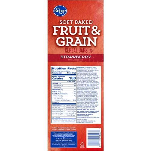 Kroger Soft Baked Fruit & Grain Strawberry Cereal Bar by ByBies, 46.8 oz, showing the cereal bars with strawberry flavor and packaging