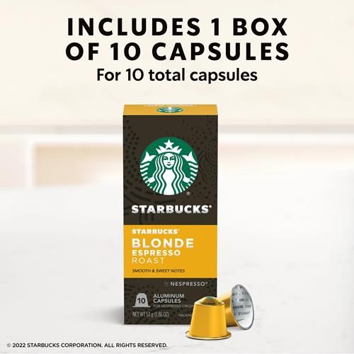 Starbucks By Nespresso Blonde Espresso coffee capsules in a 10-count pack by ByBies, designed for original line Nespresso machines.