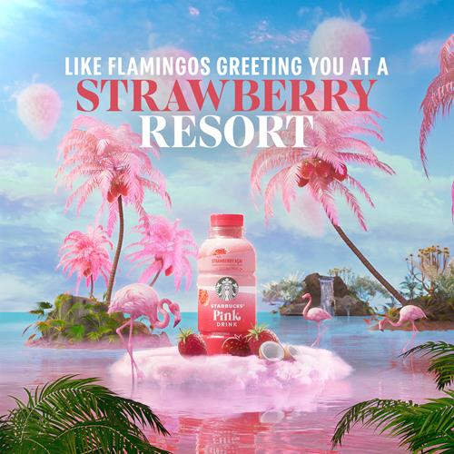 ByBies Starbucks Pink Drink in a 14oz bottle, strawberry acai juice with coconut milk, colorful pink beverage with fruit pieces