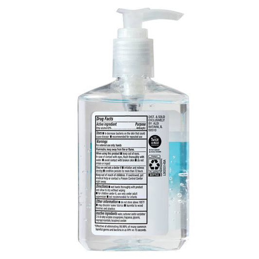 ByBies Lacura Hand Sanitizer in 8 oz bottle, skin care product with clear liquid and flip-top cap for hand hygiene.