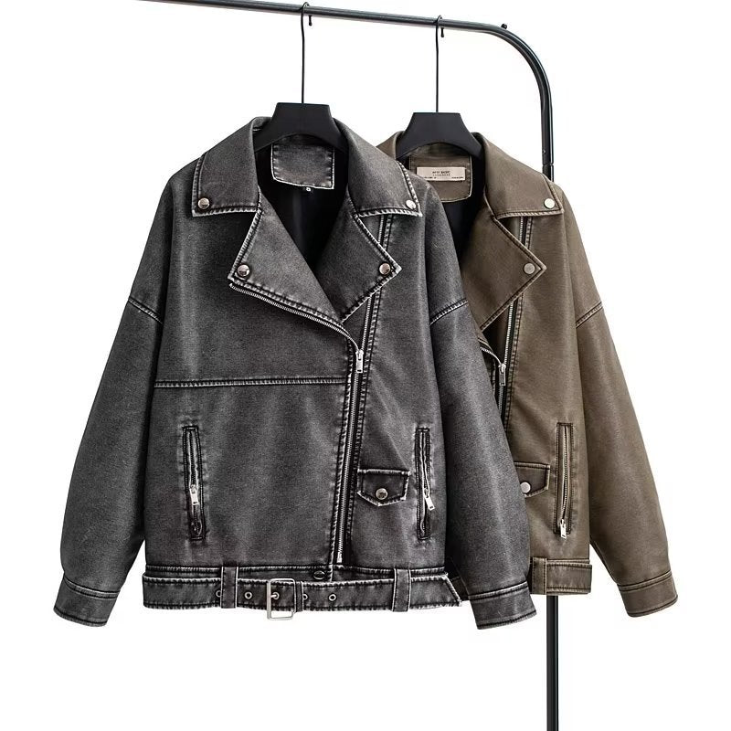 Womens loose leather jacket with turn-down collar and long sleeves