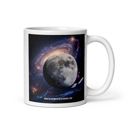 White glossy mug with BACKUPMYFILESNOW® branding, featuring a smooth finish and a sturdy handle, perfect for hot beverages.