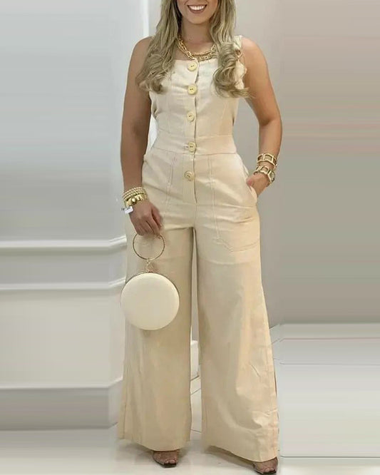 BACKUPMYFILESNOW® vest jumpsuit featuring a sleek, modern design with tailored fit and stylish neckline, perfect for casual wear.