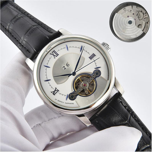 Dual-calendar fashion business watch with steel belt, black dial, and date display