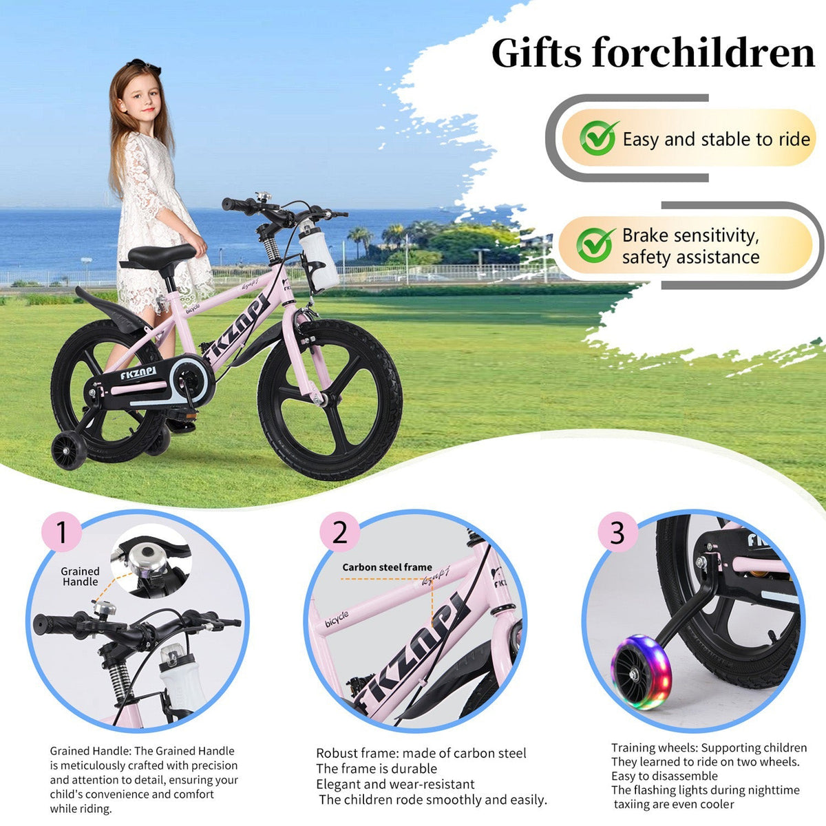 Kids bike by GBruno Store featuring 16-18 inch wheels, training wheels, and an adjustable seat for young riders.
