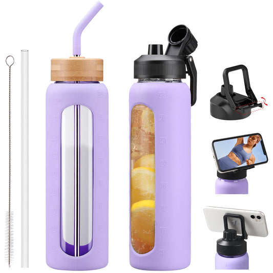 NOLOGLAZIC 32oz glass water bottle with straw, phone holder, bamboo lid, motivational time marker, purple design for gym use
